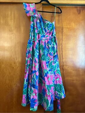 J. Crew Factory One-Shoulder Floral Midi Dress in Pink, Green & Blue